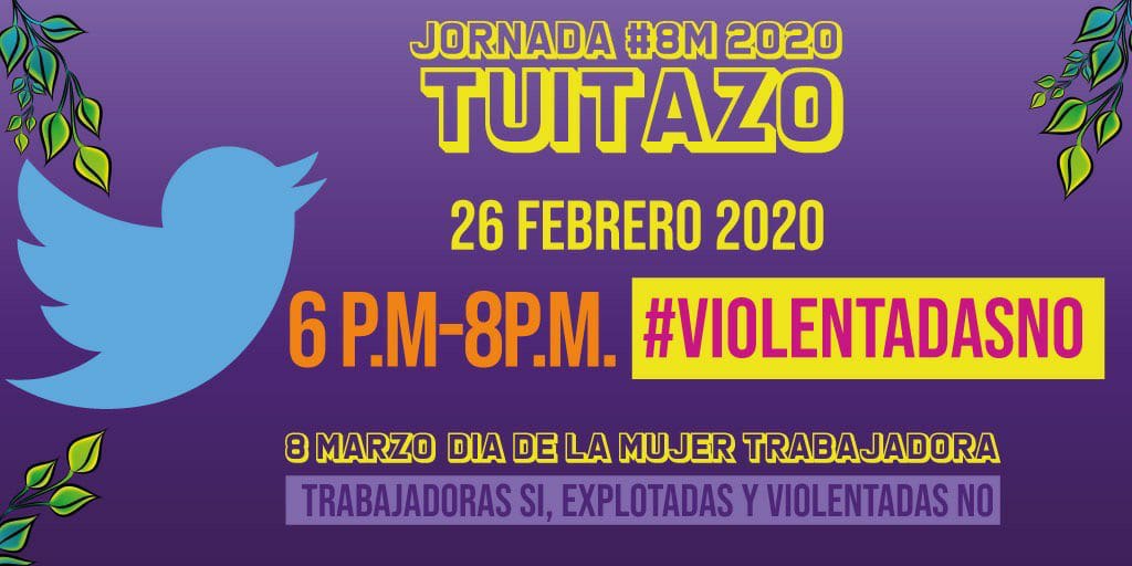 📢#Twitazo
Hoy a las 06:00 p.m. súmate con el #ViolentadasNO y exijamos justicia por todas las mujeres, en su diversidad, que son víctimas de la desigualdad e indiferencia social.
¡Porque nos queremos vivas, libres y sin miedo!
#8MPerú #Marcha7M