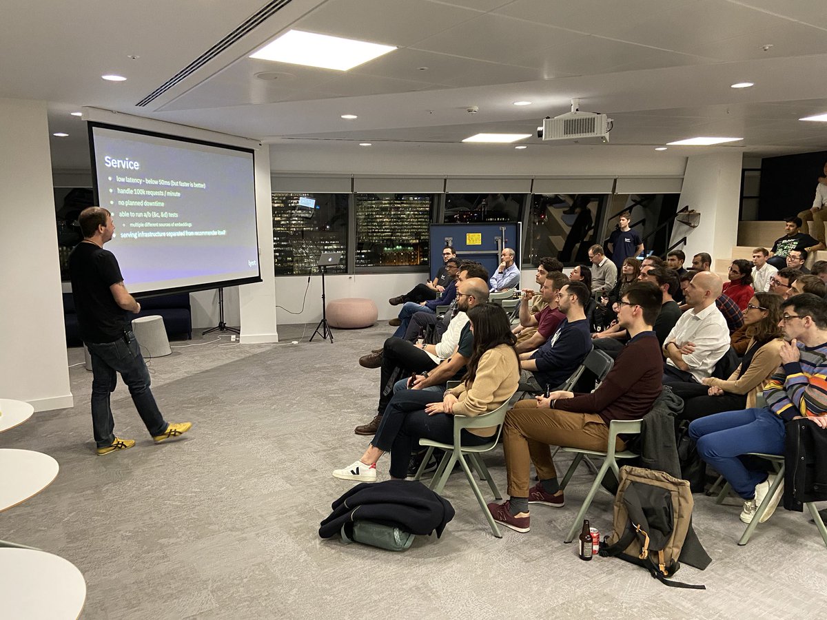 Bibblio's tweet photo. Joseph Provost of @Lyst talks low latency at scale, rounding off this evening’s thoroughly interesting RecSys London event, co-organised by @BuzzFeedUK . #recsys #recsysldn #LondonIsOpen #londonevents #londontech https://t.co/aYnedBpfRa