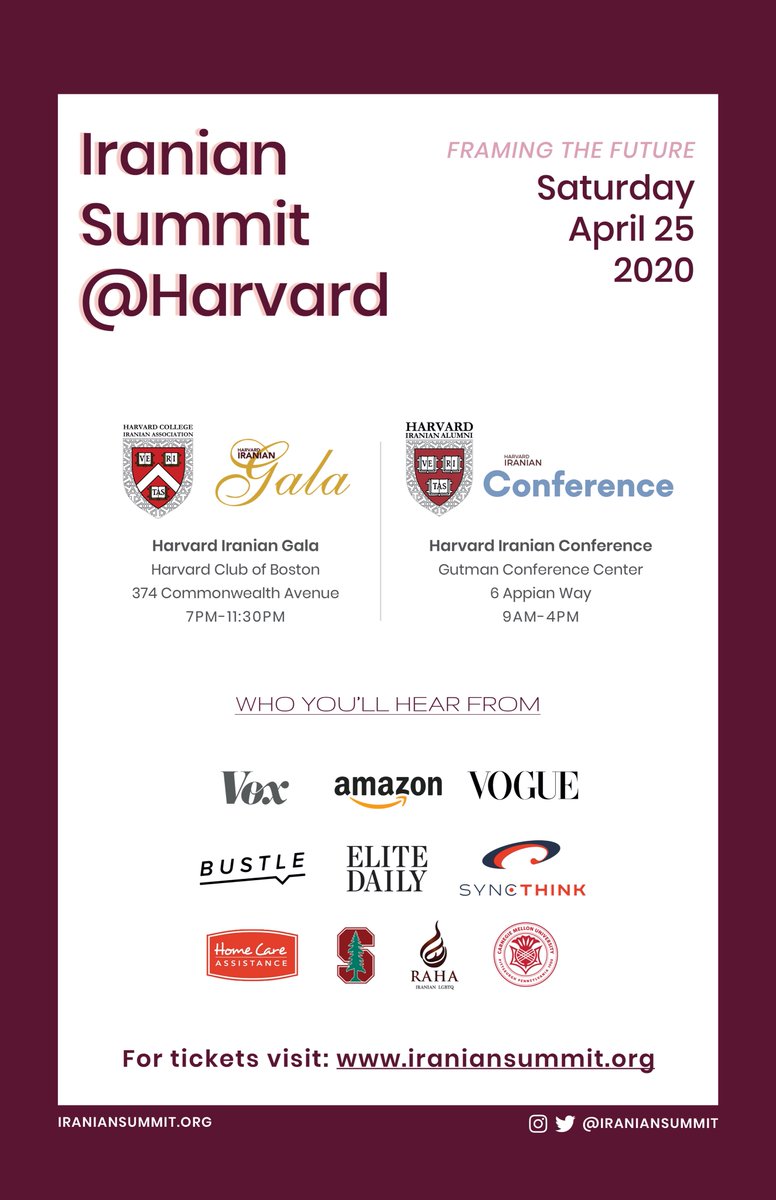 Join us at Harvard University on April 25th for the two part Conference and Gala event! Get your early bird tickets today iraniansummit.org/tickets

#iraniansummit #framingthefuture #conference #harvard