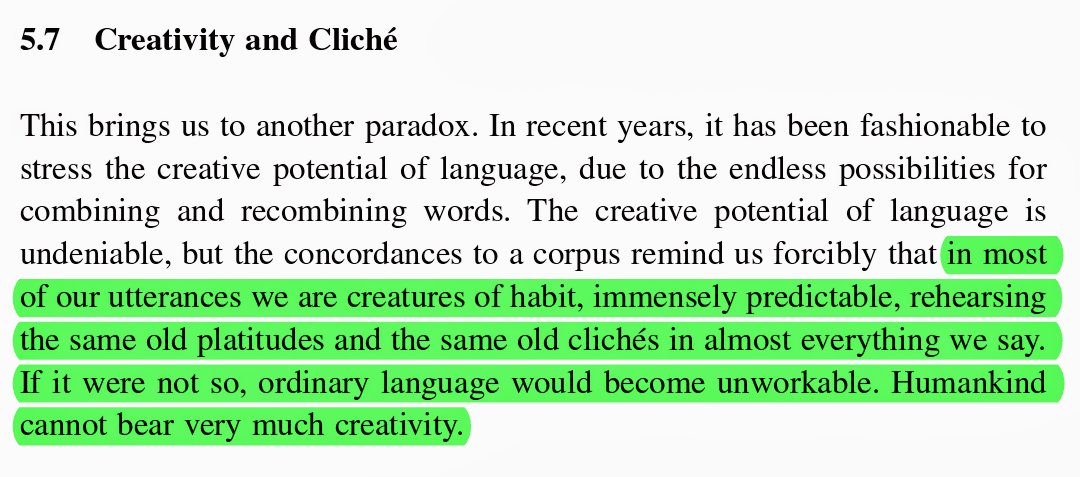 jamreilly's tweet photo. "in most of our utterances we are creatures of habit, immensely predictable, rehearsing the same old platitudes and the same old clichés in almost everything we say. If it were not so, ordinary language would become unworkable" (Patrick Hanks, 2013) https://t.co/WdIneNXppb