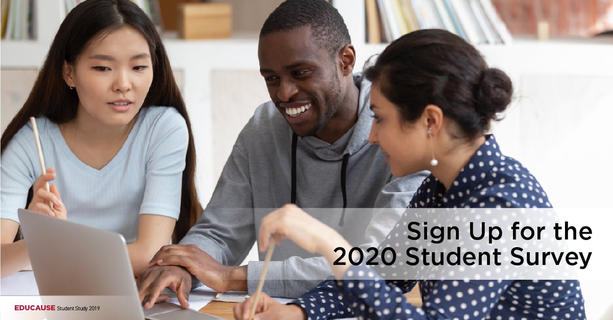 educause's tweet photo. Discover what your students think about tech & services--sign up for the 2020 Student Survey! Now covering accessibility & accommodations, #dataprivacy, early alerts, emergency notifications, & online harassment https://t.co/BIAkEj5383 #StudentStudy https://t.co/xmFfDwjFyq