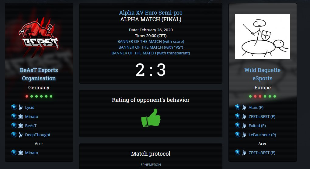 Our alliance with WBO for this alpha league season was indeed a very good idea, we have just won the EU Semi-Pro grand final 3-2 vs Beast eSport !
That was an incredible comeback considering we were 4th place in the group phase !
Congrats to everyone who played !