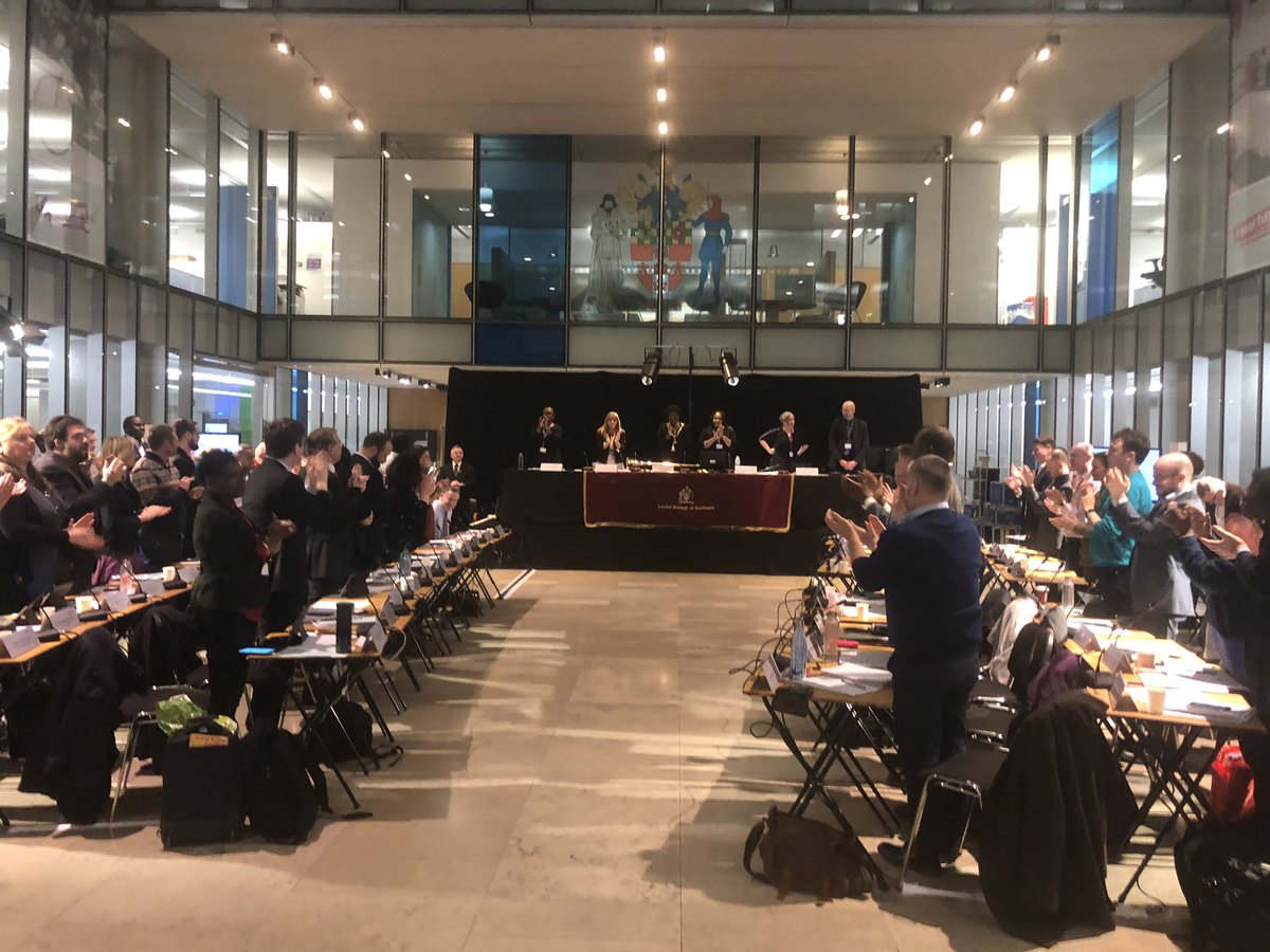 Cross party standing ovation for @peterjohn6 at @councilassembly as he announces he will step down as Southwark Council leader one month from now.