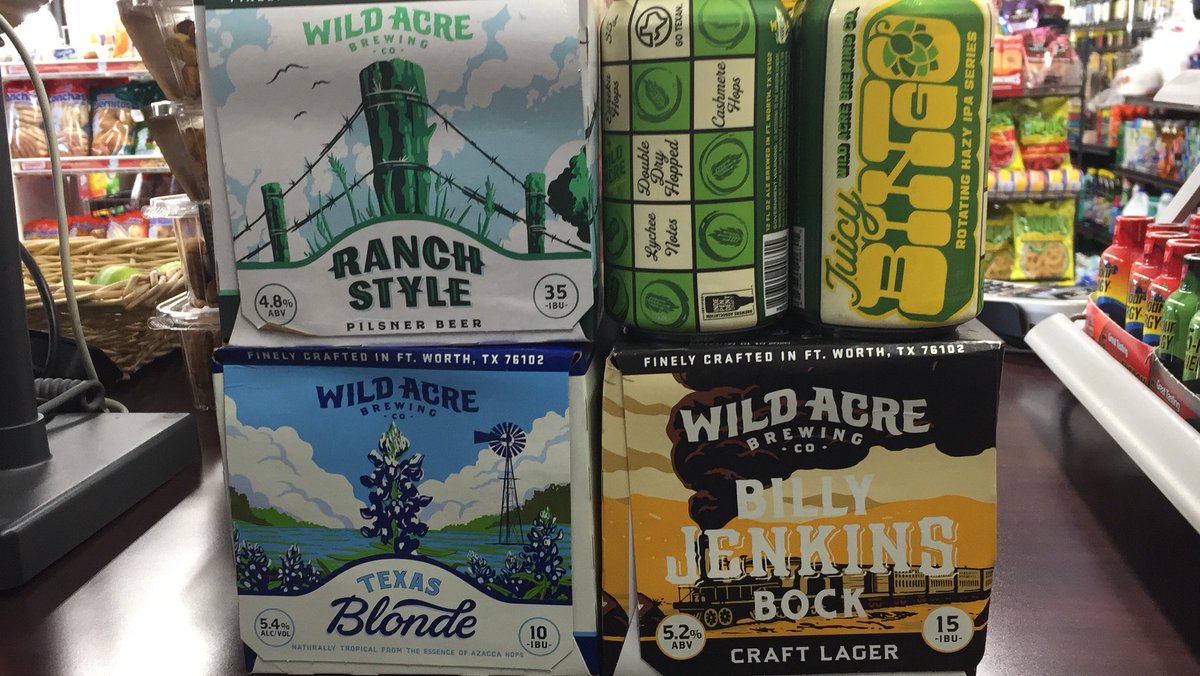Just in 
Wild Acre Ranch Style Pilsner,
Texas Blonde, Billy Jenkins Bock Craft Lager , Juicy Bingo <a href="/WildAcreBrewing/">Wild Acre Brewing</a>