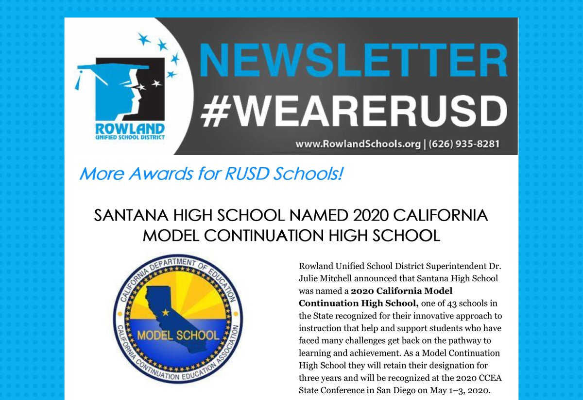 Hot off the press! The latest RUSD News that features awards and video on <a href="/Santana_Eagles/">Santana Eagles</a>, along with awards from <a href="/NogalesNobles/">NogalesHighSchool</a> <a href="/GianoSchool/">Giano Intermediate</a> and <a href="/rowlandhs/">Rowland High School</a> #WeAreRUSD <a href="/_JulieMitchell_/">Julie Mitchell</a> <a href="/rusdkids/">Miriam Kim</a> <a href="/CteRowland/">RowlandSchoolsCTE</a> <a href="/RUSD_EdServices/">Matty Zamora</a> <a href="/StuServicesRUSD/">Student Services</a> 
conta.cc/2PpFSIk