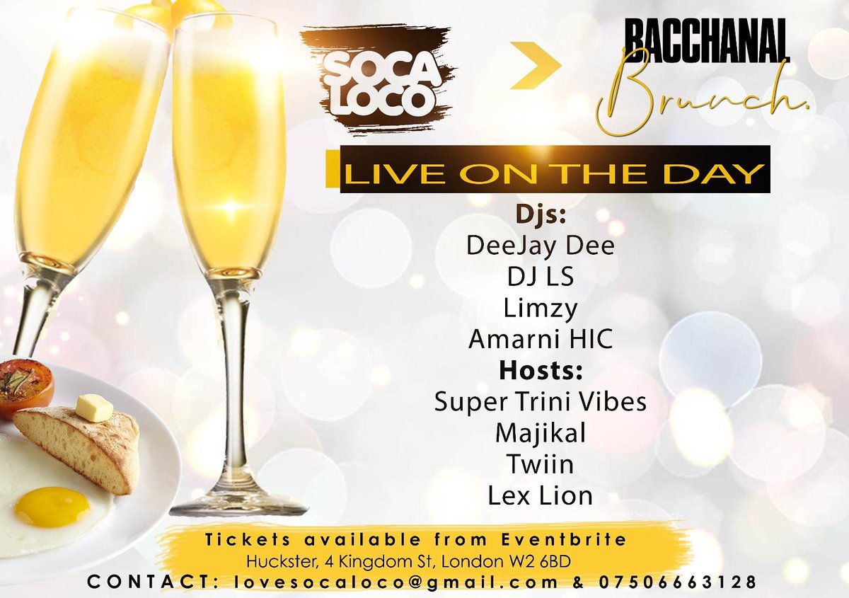 lovesocaloco's tweet photo. Check out the line up for Bacchanal Brunch 

Sweat Food, Vibes, entertainment &amp;🍹🥂

Brunch tickets @lovesocaloco bio &amp; 
https://t.co/oTQVeTYa7e

On sale until Saturday 10AM!!

#lovesocaloco https://t.co/ffMC85TyM7