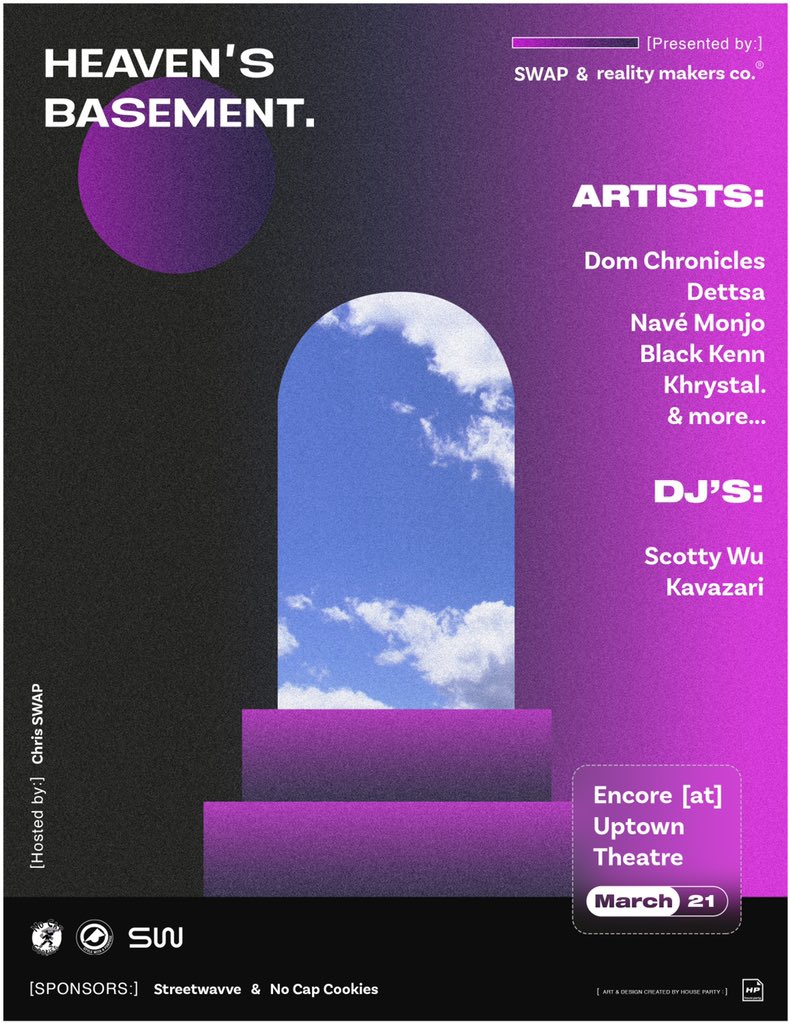 domchronicles's tweet photo. HEAVEN’S BASEMENT
MARCH 21st, 2020

powered by:
SWAP / Reality Makers Co. https://t.co/SJtcONPf8w