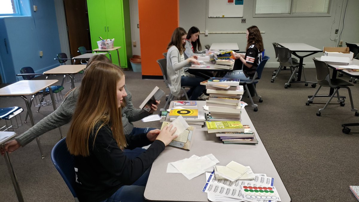 BIG thanks to <a href="/Leigh_Sines/">Leigh Sines</a> and our National Junior Honor Society for preparing the additions to our grade level libraries purchased through grant funding!  Can't wait to have all of these titles ready for <a href="/VanBurenMS/">Van Buren M.S.</a> readers soon!!! #VB1team #VBexperience
