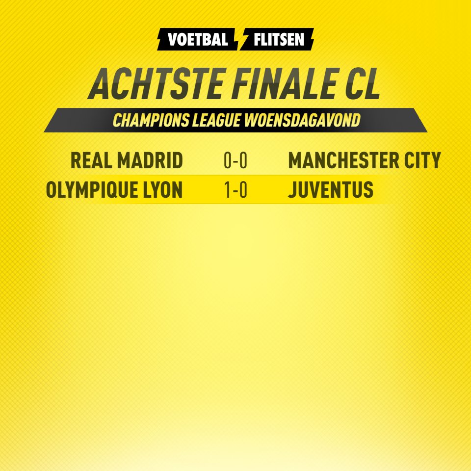 Rust bij #rmamci en #lyojuv. Geen doelpunten bij Real-City (0-0) en in Lyon leidt de Franse club met 1-0 tegen Juventus na een doelpunt van Lucas Tousart. Hopen op meer doelpunten in de tweede helft!