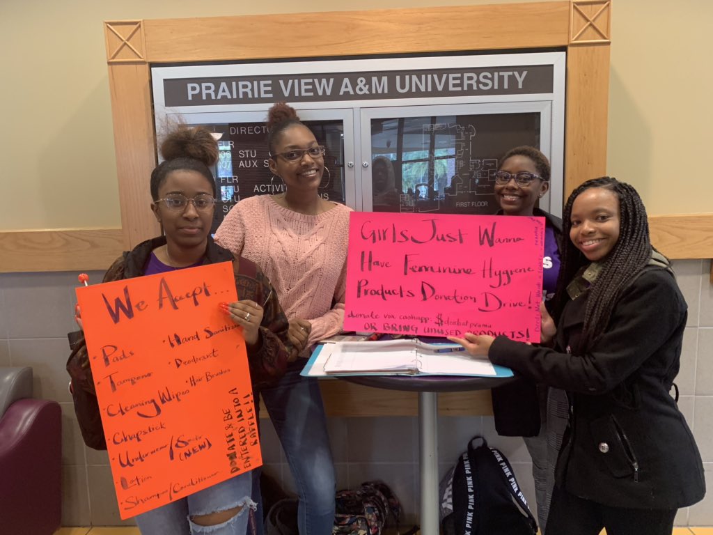 DNW_PVAMU's tweet photo. Day 1 of our Girls Just Wanna Have Feminine Products Drive! Thank you to the @pvamu_WC for coming out and assisting! We’ll be here all week!
You can donate via our cashapp: $deedsatpvamu or DM to donate any of the products listed on the flyer! #DoADeed https://t.co/NFgsNE4rQm