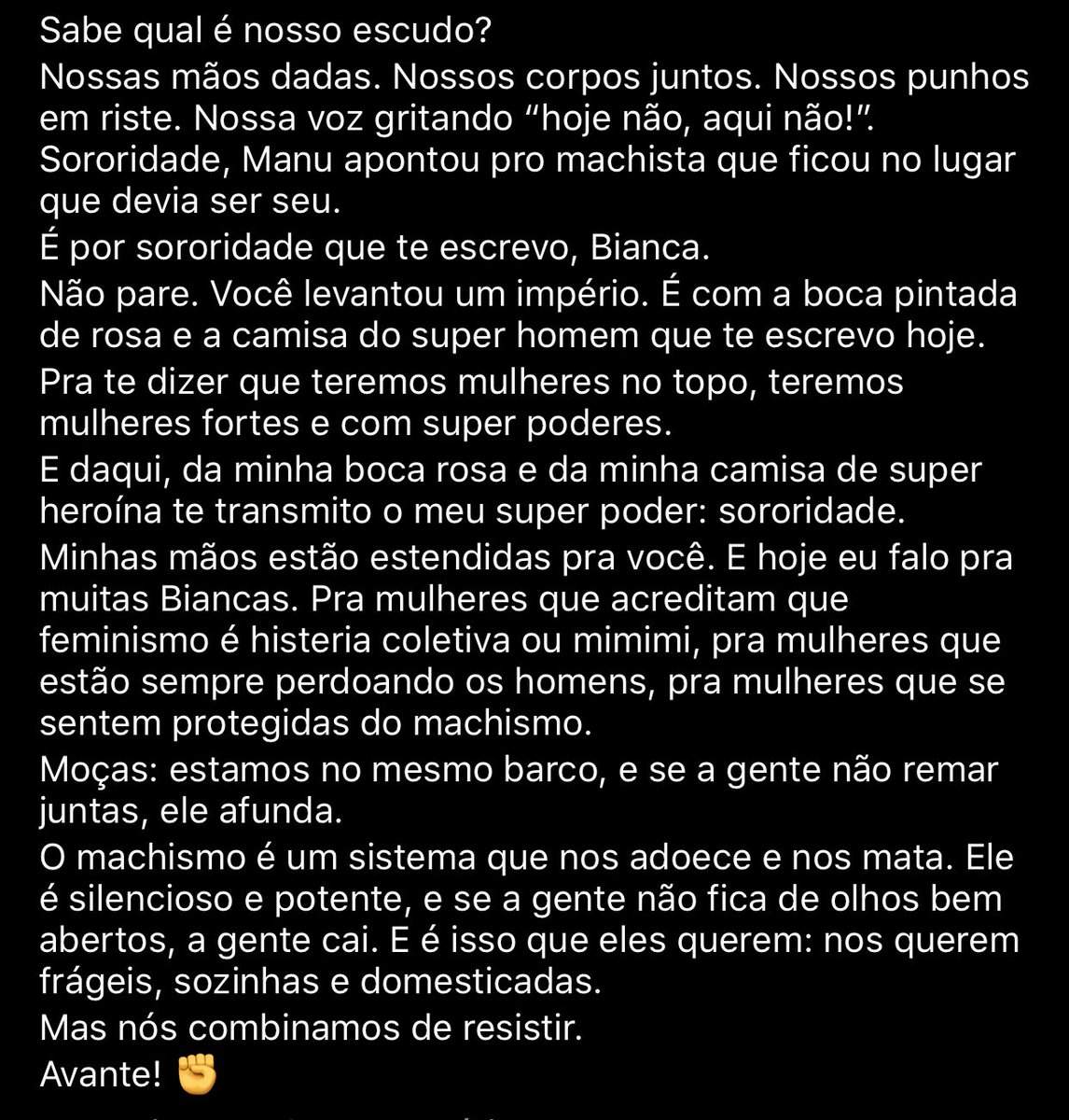 vaidesmaiar's tweet photo. Amei essa carta aberta a Bianca (no insta @manuelaxavier) 👏🏽 #BBB20 https://t.co/swXxlJ9sCO