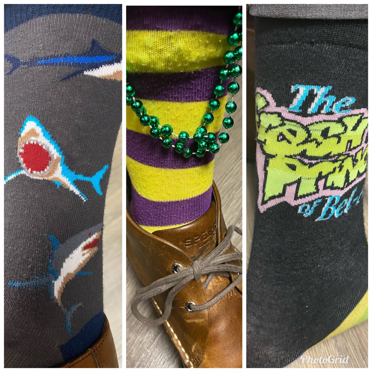 WalterReports's tweet photo. This week’s #sockwar is Sharks vs. Mardi Gras vs. Fresh Prince. Who you got? @BUnderwoodWKRC @Local12David https://t.co/9MDyQ7W9Pp