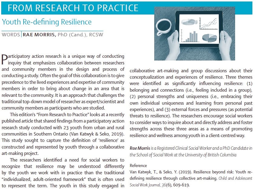 rmorrismsw's tweet photo. I am pleased to share the latest "From Research to Practice" column on "Youth Re-Defining Resilience", published in the @BCSocialWorkers Winter 2020 #Perspectives newsletter! All #BCASW members receive this publication for free. #youth #resilience #socialwork https://t.co/Y6gCIvafyc