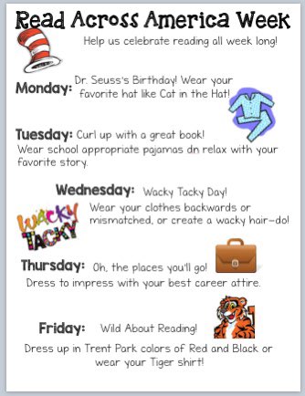 Help us celebrate reading next week (March 2-4) with some daily fun! 🤩📚❤️ #tigerpride #readacrossamerica