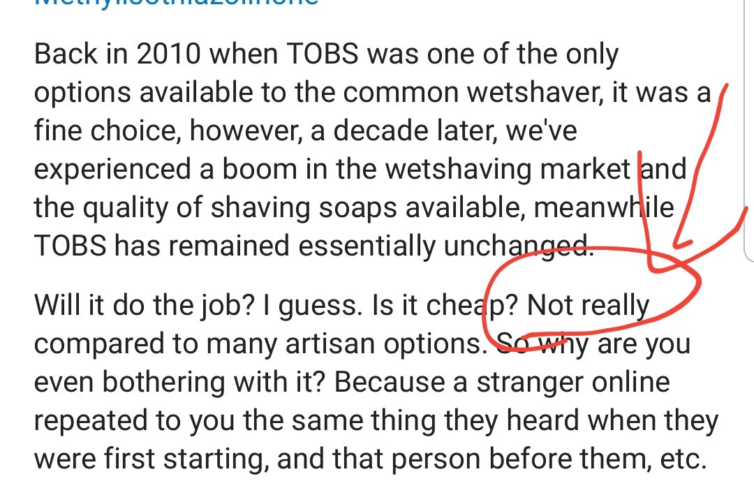 This entire shit. TOBS is the most popular brush and cream on Amazon because of years of being "totally comparable to $30 Truefitt & Hill shaves!" for like ten bucks. It was $15 when I bought my tub of sandalwood and it's up to over $20 by now.