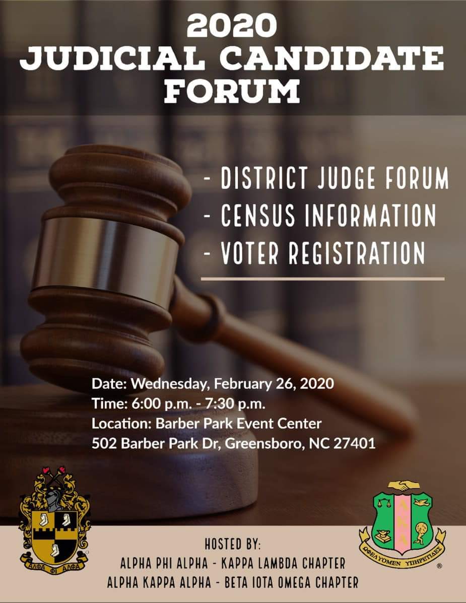 GreensboroAlpha's tweet photo. Judicial Candidate Forum hosted by Kappa Lambda #AlphaPhiAlpha and 
@betaiotaomega 
Chapter of #AlphaKappaAlpha Sorority, Inc.
#avotelesspeopleisahopelesspeople https://t.co/sPkvCJMPHo