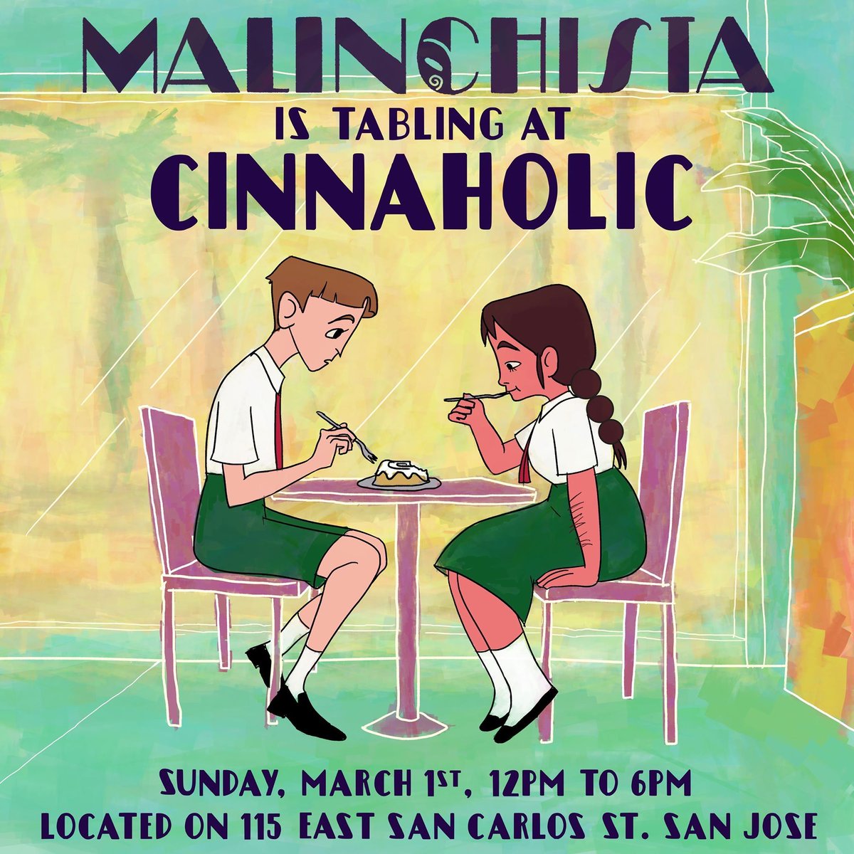 San Jose friends! We will be at Cinnaholic this Sunday afternoon, March 1st, selling #Malinchista merch and promoting our short film! Please come by to say hello, check out our merch, and share a killer cinnamon roll or two with a friend! ✨
Poster by <a href="/AnneMaslen/">Anne Maslen ✨</a> and <a href="/LetiCastle/">Leti C</a>