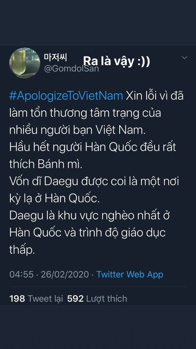 LMinhTi15243641's tweet photo. #KoreansApologizetoVietnam
Giờ mới hiểu ở daegu ra sao https://t.co/zZfi3rcWvY