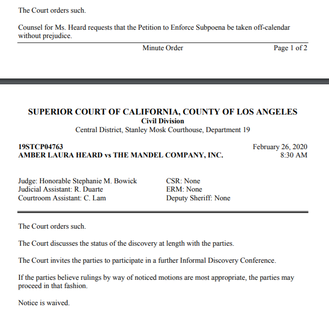 TheRealLauraB🌊⚔️ on X: "Update for AH vs TMG in California (With Depp)  Amber Heard withdrew her petition for TMG to enforce Foreign Subpoena off  the California Court Calendar without Prejudice. The parties