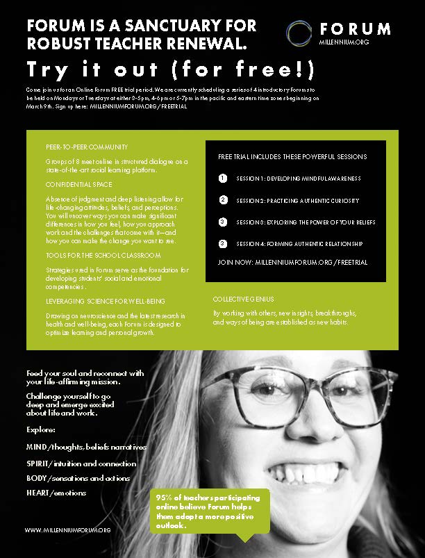 Don't miss your opportunity to sign up for a Free Forum Trial Now!
lnkd.in/gjt2AN5

#mindfulness #TeachersDeserveIt #youmatter #educators