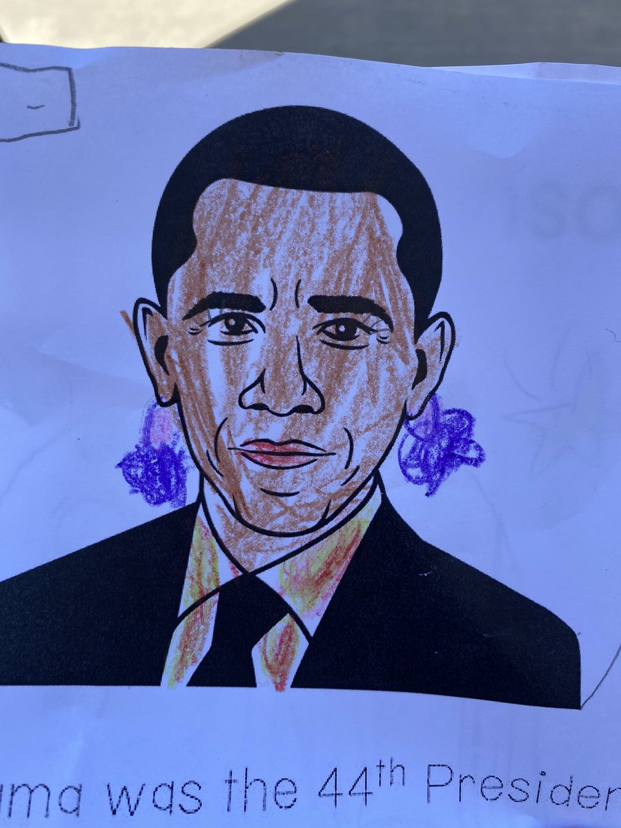 jasontroy's tweet photo. President @BarackObama, my daughter Tali Bear colored your picture for President’s Day, and added some fabulous earrings.  It’s going on the fridge. https://t.co/LCoCSjhVoQ