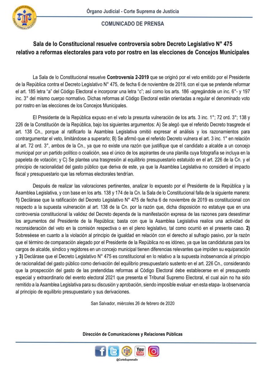 elsalvadorcom's tweet photo. #LoÚltimo @SalaCnalSV de lo Constitucional resuelve controversia sobre Decreto Legislativo N° 475 relativo a reformas electorales para voto por rostro en las elecciones de Concejos Municipales. https://t.co/lVqx89swzY