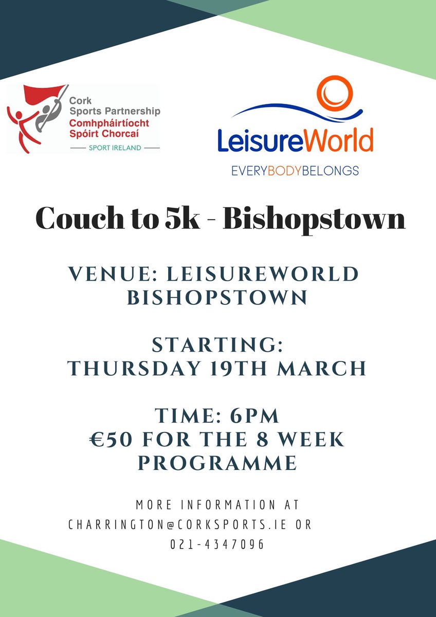 🏃‍♀️🎉 Registration Now Open for the Spring Couch to 5k - 8 Week Programmes 🏃‍♂️🎉

📅 Wed, 18th March
📍 <a href="/KinsaleComSch/">Kinsale Community School</a>

📅 Thurs, 19th March
📍 <a href="/LeisureWorldHQ/">LeisureWorldCork</a> Bishopstown 

ℹ️ corksports.ie/couch-to-5km-2…