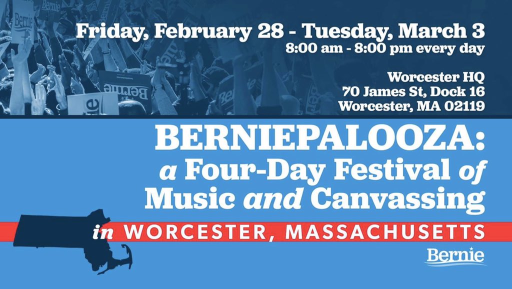 Blackmare00's tweet photo. #BigUs #Massachusetts
BERNIEPALOOZA 🎸
Four days of Music 🎶 & Canvassing 📋
🔹Friday, Feb 28 - Tuesday, Mar 3
🔹8am-8pm
#UseTheBernApp📲 #CallToWin
Worcester HQ
70 James St
Dock 16
Worcester, MA 02119
#NotMeUs #Bernie2020 #MAPrimary
RSVP & info: https://t.co/eCDxpVLZXq https://t.co/aD3E8yEp3t