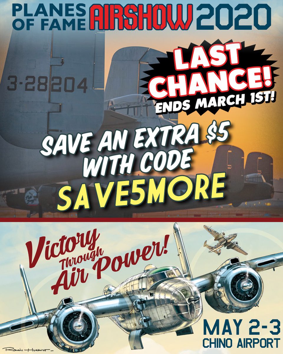 General Admission price is $30 at the Airshow, and the current Early Bird discount is $25... but right now you can use SAVE5MORE at checkout and the total price is $20 for one general-admission ticket! Don't delay, get your tickets today: bit.ly/POFAirshow2020