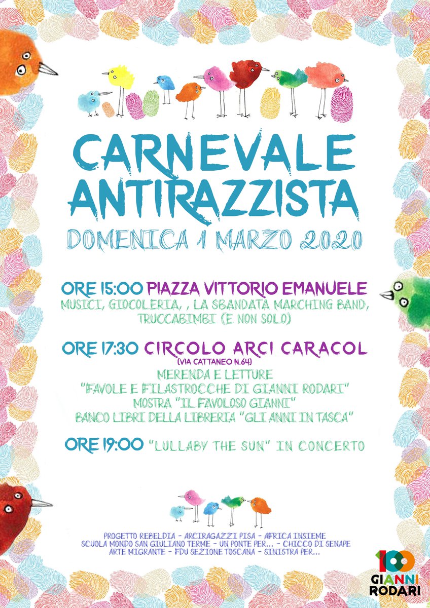#100giannirodari  #pellearcobaleno #1Marzo #pisa #caracol  
#carnevale #antirazzimo 
Di nessuno puoi farne a meno
per disegnare l'arcobaleno 
info --> tinyurl.com/r4hyn24