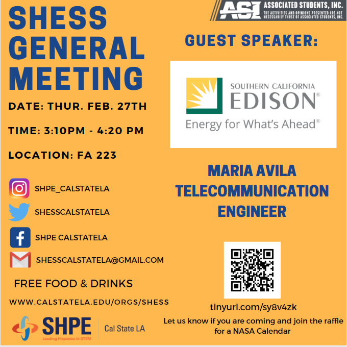 SHESSCalStateLA's tweet photo. Hello everyone! We will be having our second meeting of the semester tomorrow. There will be a special guest speaker, from Edison, Maria Avila. 
#SHESS #shpe #CalStateLA #WeAreECST #region2 https://t.co/ZJ7Sy91zvF