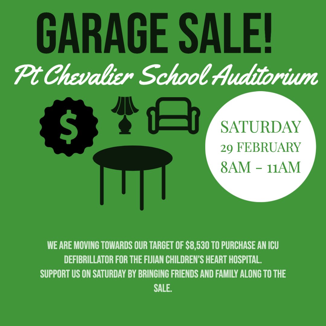 Tomorrow will be the last day to drop off donations for our Garage Sale on Saturday. You can either drop them off in Room 29 before 9.00am or in the school auditorium between 2.30 and about 5.30. 
Garage sale:
Day: Saturday 29 Feb
Time: 8am-11am
Where: Pt Chev School Auditorium