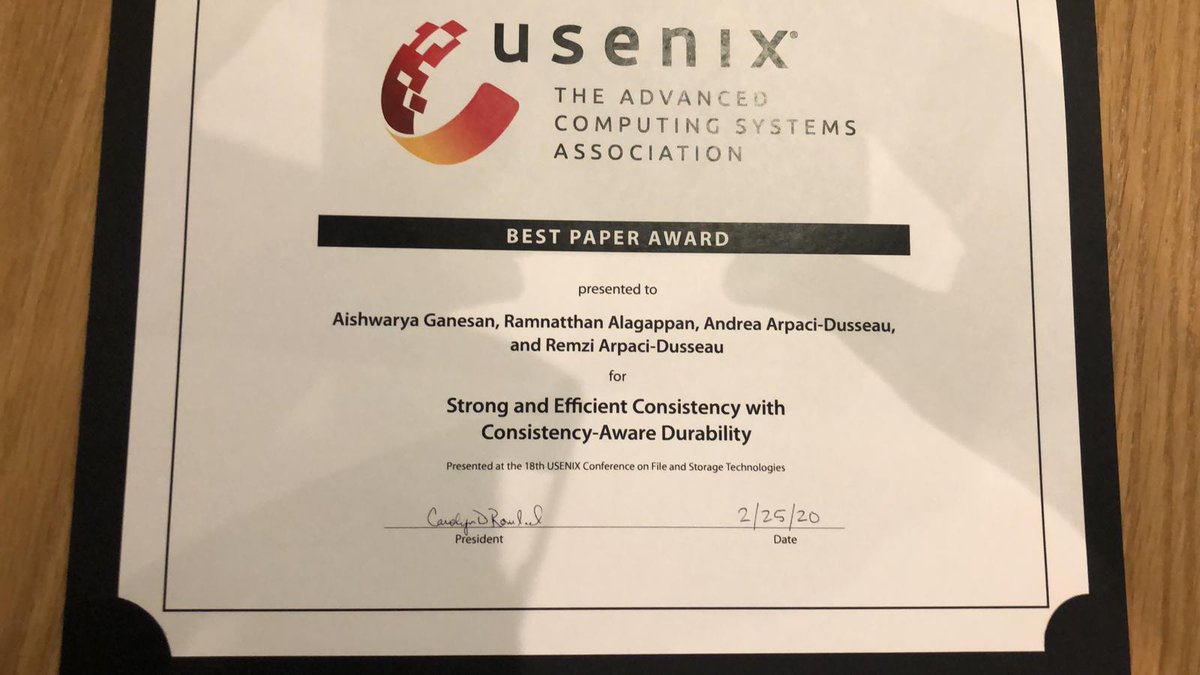 AishwaryaGanlat's tweet photo. Excited to share that our paper “strong and efficient consistency with consistency-aware durability” won one of the best paper awards at @usenix Fast 2020! @ramnatthan #fast20 https://t.co/2GvPq32TAb