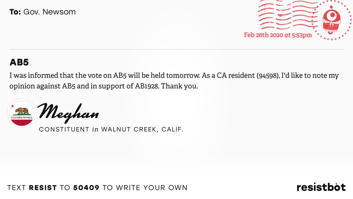 openletterbot's tweet image. 📬 I just delivered “AB5” from Meghan, a constituent in Walnut Creek, Calif., to @GavinNewsom  #CApolitics #CApol

📝 Write your own:
