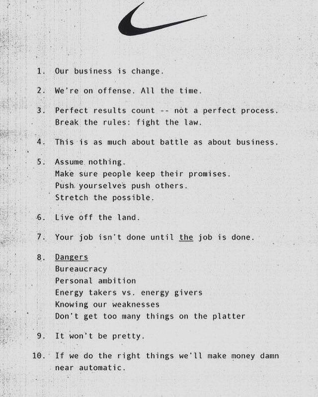 vincenzolandino's tweet photo. Here’s a four decade old internal memo at @Nike that was titled “Principles”

I love them all. Everybody can take something from this. 

Which one is your favorite? https://t.co/rAi9PtNfhx