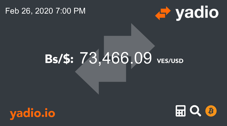 yadio_io's tweet photo. 🕗 Feb 26, 2020 7:00 PM
𝗕𝘀/₿: 646,061,489 -5.37%⬇️
𝗕𝘀/𝘀𝗮𝘁: 6.46

Bid: 644,000,000 VES/BTC
Ask: 690,000,000 VES/BTC

https://t.co/oF2Wb2lz24

Volume:
61.78283585 BTC
$543,318.88 USD
#bitcoin #venezuela https://t.co/kevBRCirbs