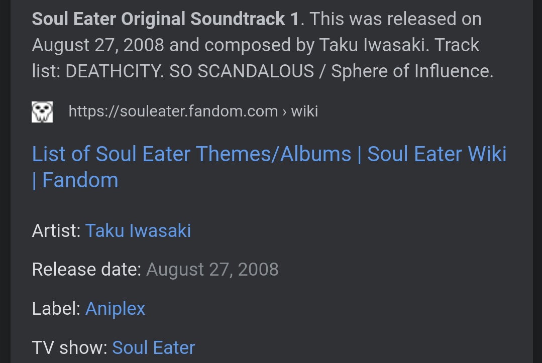 SOUL EATER ORIGINAL SOUNDTRACK — Taku Iwasaki et al.Again, Taku Iwasaki seamlessly blends completely different genres. If Gurren Lagann's is "epic," Soul Eater's is "cool." His experimentation is so interesting. Tons of hip-hop and rock but also classical horror to even glitch.