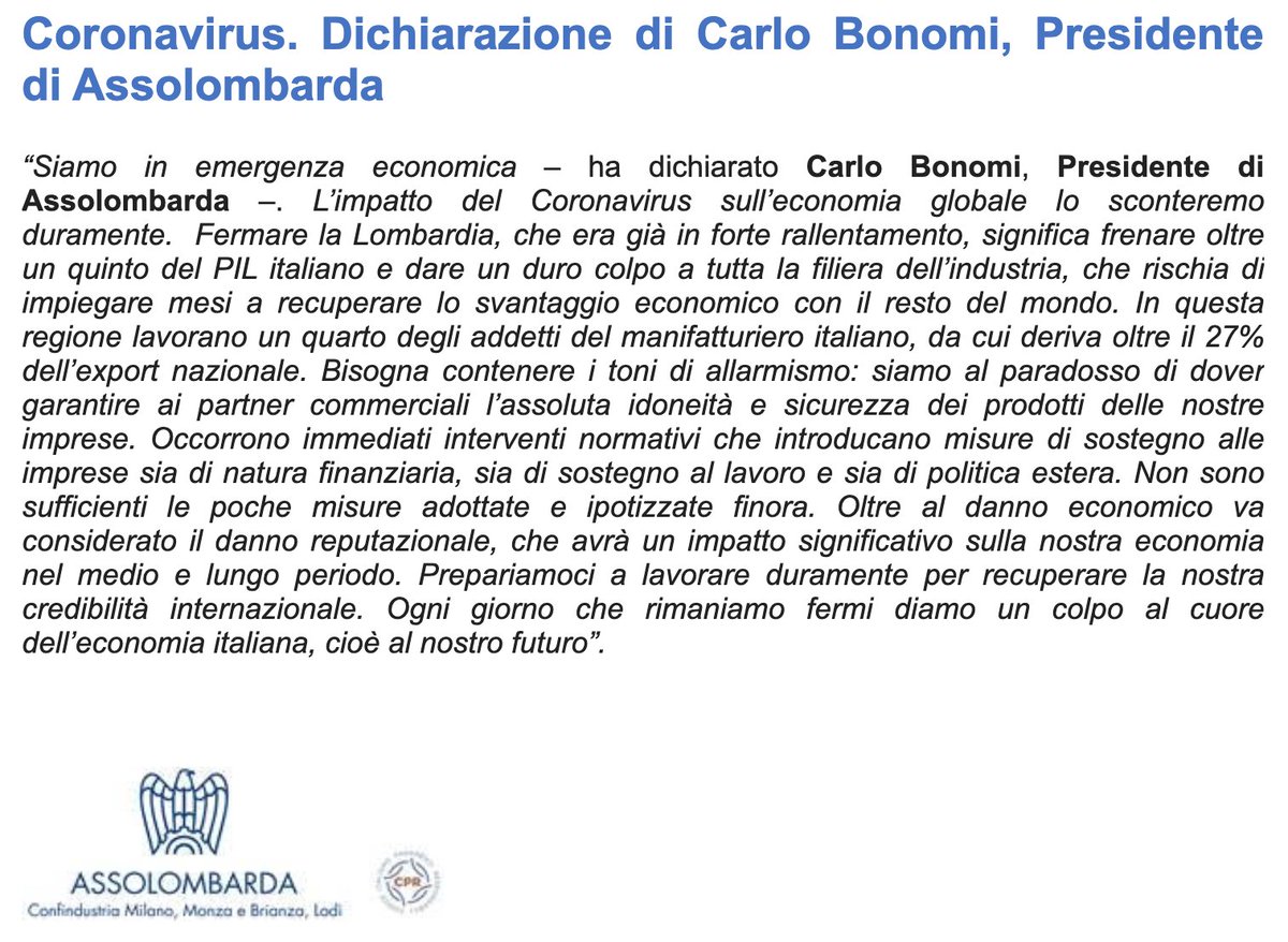 Siamo in piena emergenza economica ! Ogni giorno che restiamo fermi diamo un colpo al ❤️ dell'economia 🇮🇹, cioè al nostro #futuro. Bisogna contenere i toni di allarmismo. Prepariamoci a lavorare duramente per recuperare nostra credibilità internazionale #ServireItalia
