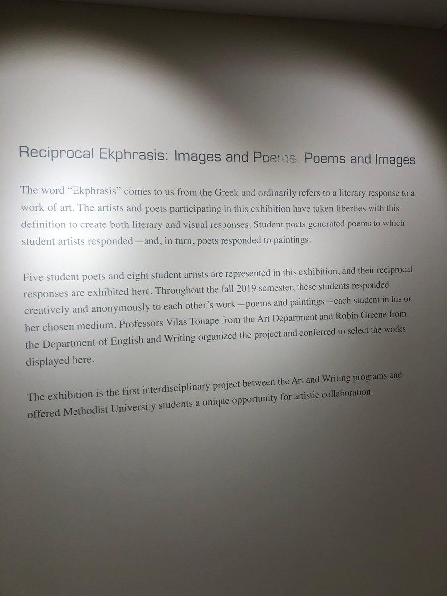 worddogs's tweet photo. Thank you to everyone that came out to the reception on Feb. 20th for Reciprocal Ekphrasis: Images and Poems, Poems and Images. If you did not get a chance to attend there is still time to see the exhibit now thru Dec. 14th.
#robingreene #methodistcollege #art #poems https://t.co/n58wUViHJk