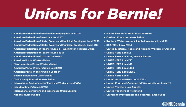 34 national and local labor unions have endorsed Bernie Sanders for president!