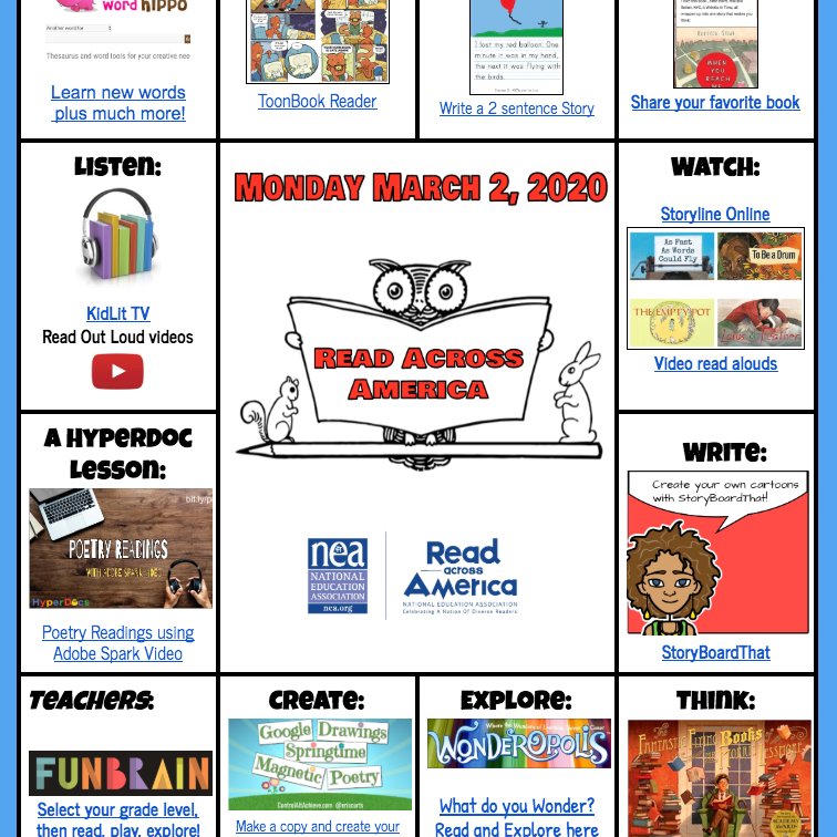 Lisa Highfill (@lhighfill) on Twitter photo Are you celebrating Read Across America day Monday March 2nd? ๐Try some digital reading and creating with this multimedia text set- bit.ly/readacross20 Feel free to make a copy and edit to fit your needs!
<a href="/TsGiveTs/">TeachersGiveTeachers</a> #HyperDocs #PUSDedu <a href="/GoogleForEdu/">Google for Education</a> Are you celebrating Read Across America day Monday March 2nd? ๐Try some digital reading and creating with this multimedia text set- bit.ly/readacross20 Feel free to make a copy and edit to fit your needs!
<a href="/TsGiveTs/">TeachersGiveTeachers</a> #HyperDocs #PUSDedu <a href="/GoogleForEdu/">Google for Education</a>