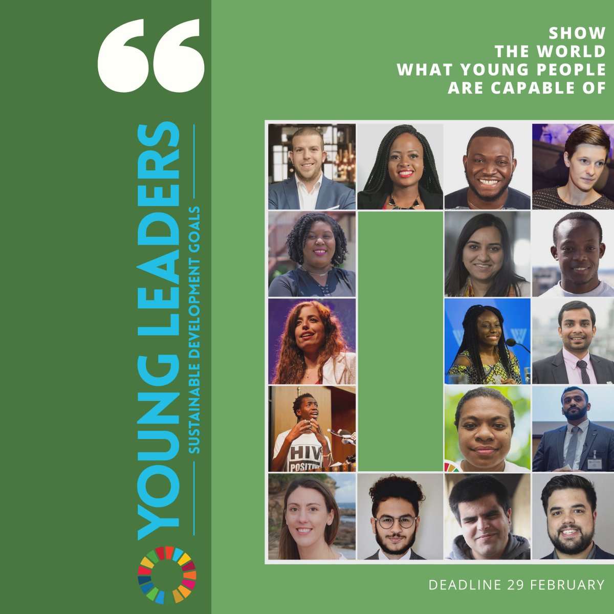 Every two years, 17 young change-makers are recognized for their leadership and contribution to the #GlobalGoals.

If you're 15-29 years old and passionate about achieving a sustainable future for all, apply to become one of the 2020 #SDGYoungLeaders: bit.ly/SDGYL2020