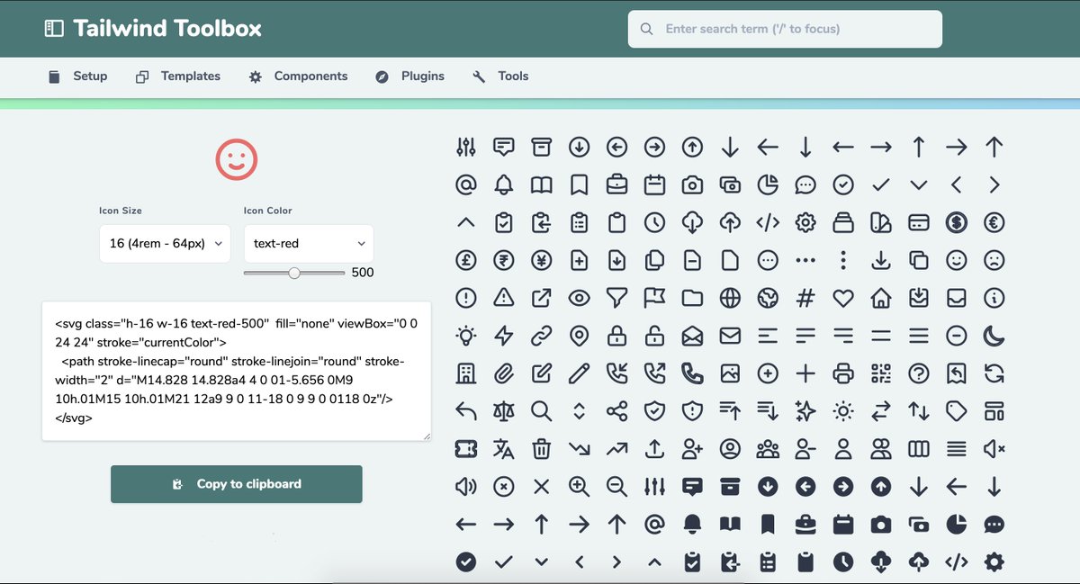 TailwindToolbox's tweet image. Been working on a simple viewer for @steveschoger 's heroicons.
Still a work in progress, but it lets you:
👀 Preview all the icons
🥢Select the icon
🎨 Change the colour (@tailwindcss defaults)
📈 Change size of the icon
📑 Copy the code to clipboard
tailwindtoolbox.com/heroicons