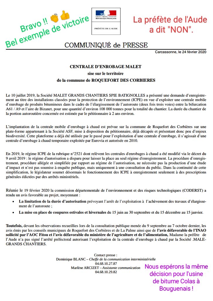 stopusinesbitum's tweet photo. Bravo au collectif #palmactif La préfète de l'Aude a rejeté le projet d'une usine de bitume mobile près de #narbonne  ... Encore un bel exemple qui prouve qu'il faut se mobiliser pour protéger nos lieux de vie ... L'union fait la force 🤝
#stopusinesbitume
#collectif #association https://t.co/YULAzKJWnI