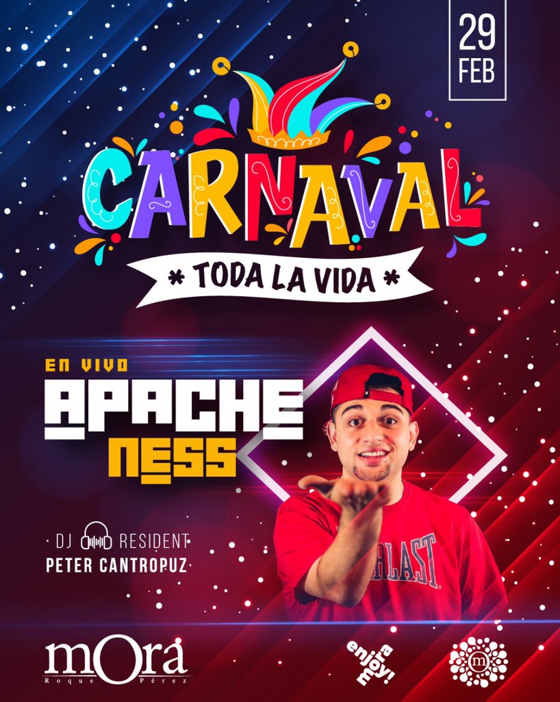 SAB.29.FEB .
🎭CARNAVAL toda la vida🎭
 👉🏻en vivo 🎉EL APACHE NESS🎉
🎧DJ resident Peter Cantropuz.
📍PREVENTAS: 
Kiosco La Tribu.
Kiosco Hospital.
Kiosco Tarigo. 
PREVENTAS STAFF :
Sábado a partir de 19:30 hs a 21:30 en La Trinchera.
*si sos de la zona comunícate por md*.