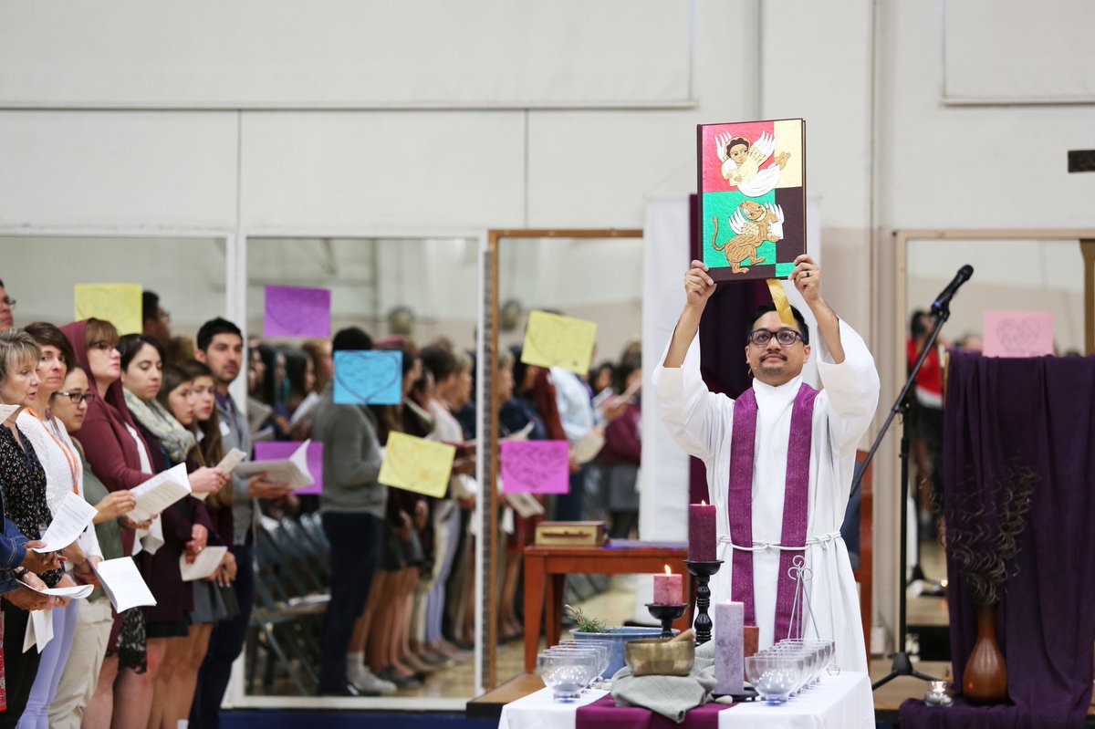 NotreDameSJ's tweet photo. #NDSJ began the Lenten season with #AshWednesday liturgy led by Fr. Victor Trinidad. Our theme of "Belonging & Brokenness" guides us to reflect our sense of belonging to each other and how our bond deepens when brokenness develops into beauty in unexpected ways.💜 #NDPrays #DTSJ https://t.co/S2JEPVZcQ0