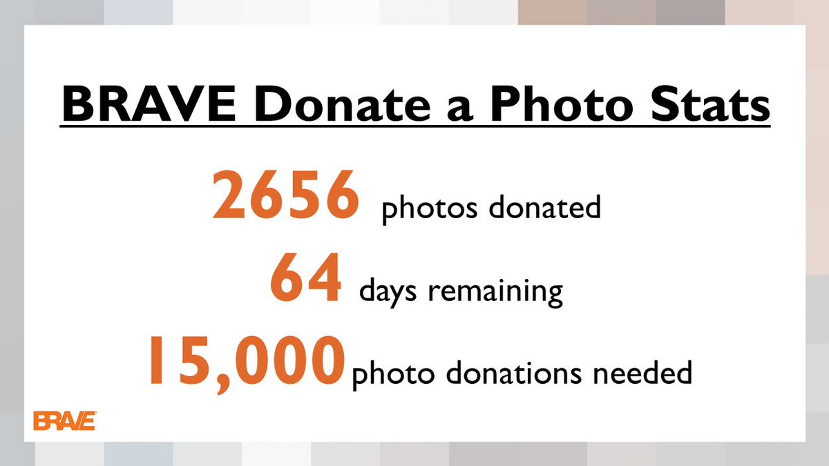 BraveCoalition's tweet image. Thank you to everyone who is donating photos towards the BRAVE @donateaphoto fundraiser!  In order to achieve our goal of 15,000 by April 30, we need your help!  Keep uploading your daily photo to the Donate A Photo app. 

#donateaphoto #BRAVEDayEveryDay #JNJ
