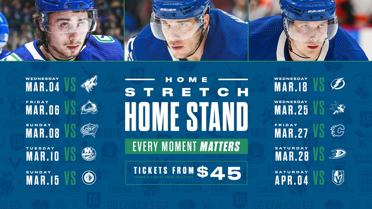 Canucks's tweet photo. Be at @RogersArena for the #Canucks home stretch.
🎟 https://t.co/wGpx0R7sud https://t.co/T9Hl3sc6L8