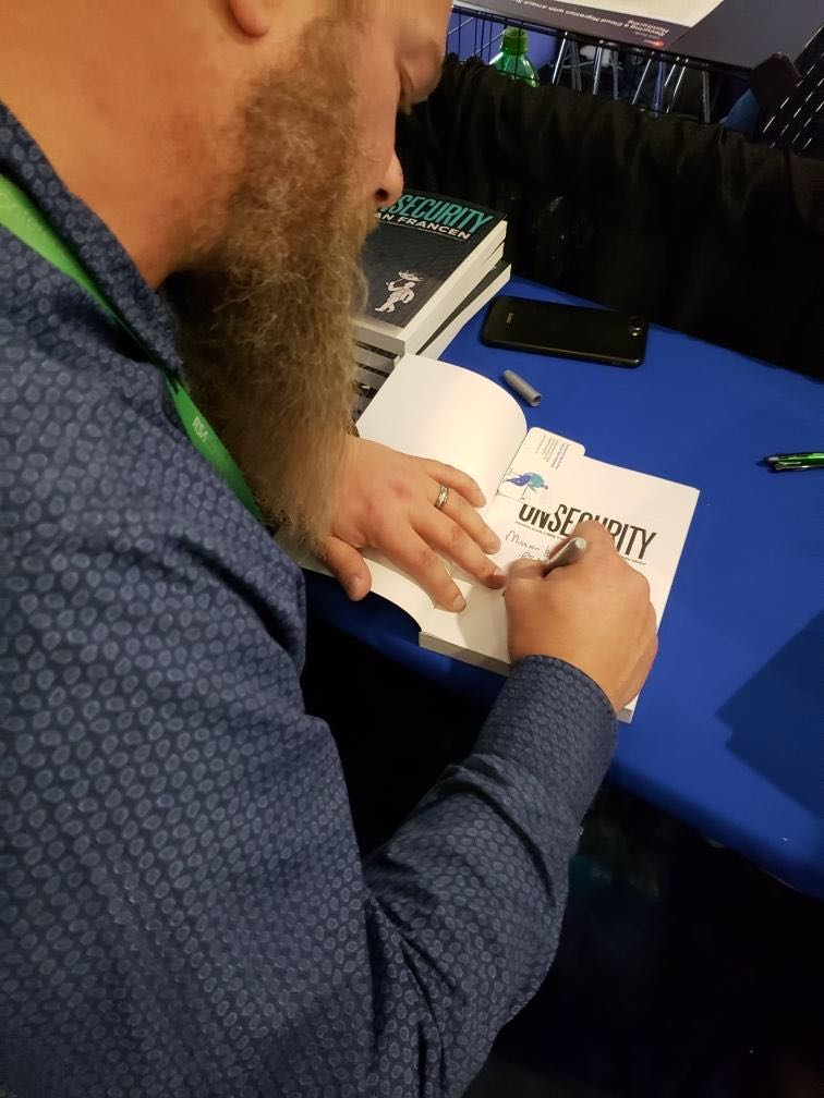 StudioSecurity's tweet photo. Our fearless leader @evanfrancen is signing copies of his book UNSECURITY - come get your copy before they're all gone at booth N-4134 #RSAC #S2RSA https://t.co/RQqPfRA2jg