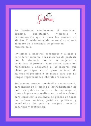 En Sentinum estamos comprometidas a generar cambios sociales e incidir en políticas públicas a favor de las mujeres por lo que invitamos a nuestras aliadas a participar en las protestas y apoyamos el paro de mujeres del 9 de marzo. #EquidaddeGenero #UnDiaSinMujeres